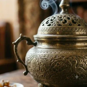 Close-up shot showing the detailed craftsmanship and weathered patina of an antique brass incense burner.