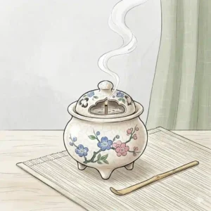 An elegant ceramic Japanese incense burner known as a koro featuring a hand-painted floral pattern.