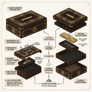 Detailed diagram illustrating the functional design features of a modern wooden incense box.