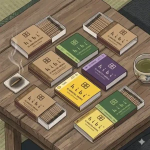 A collection of various hibi incense boxes displaying different scents like lavender and lemongrass arranged neatly on a wooden surface.