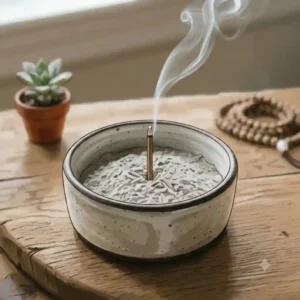 Modern minimalist incense burner bowl placed on a wooden coffee table next to a green succulent plant.