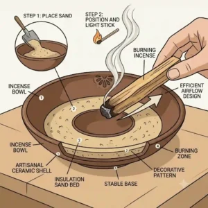 A labeled diagram illustrating the two-step process for using an incense bowl, showing the sand bed and proper stick placement.