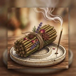 An botanical illustration showing the raw ingredients of organic incense, including dried lavender, sandalwood chips, and natural essential oil droplets
