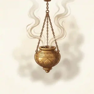 An antique hanging incense burner crafted from brass with intricate geometric patterns.