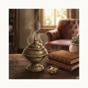 A vintage incense burner placed on a wooden table next to a stack of books for a cozy room decor setup.
