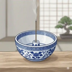 Traditional japanese incense holder featuring a detailed blue and white porcelain floral design.