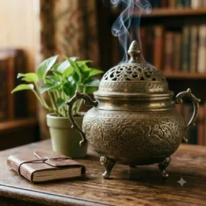 An antique brass incense burner placed on a wooden meditation table next to a green indoor plant.