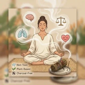 A wellness graphic illustrating a person meditating calmly, highlighting the non-toxic and charcoal-free benefits of burning organic incense.