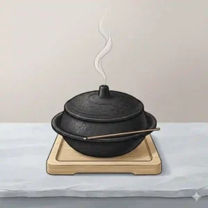 A heavy black cast iron Japanese incense burner designed in the classic Nambu Tekki ironware style.