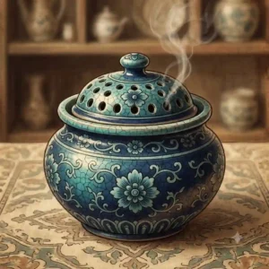 An antique ceramic vintage incense burner with a cracked glaze finish and floral patterns.