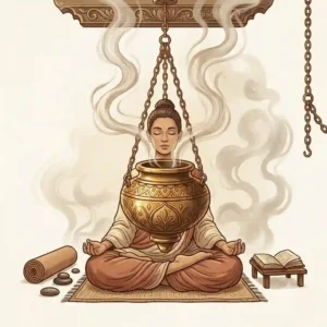 A tranquil meditation scene with a suspended hanging incense burner near a yoga mat.