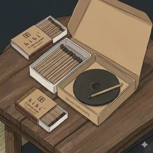 An unboxed hibi incense match set revealing the matchsticks inside the tray alongside the signature circular black burning pad.