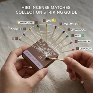 A close-up illustration demonstrating how to properly strike a Hibi incense match at a 45-degree angle to ignite the aroma stick safely.