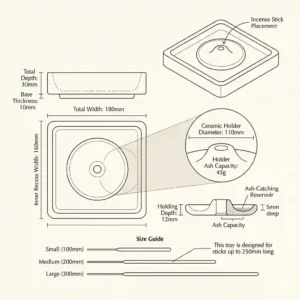 An illustrated size guide diagram showing the length, width, and ash-catching depth of a standard incense tray.