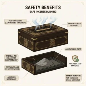 An illustration demonstrating how a closed incense box safely catches ash while letting smoke escape through carved vents.
