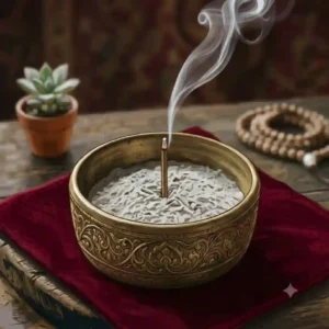 Antique brass incense burner bowl with carved patterns resting on a dark velvet cloth.