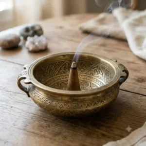 A detailed illustration of a vintage, intricately engraved brass incense bowl emitting smoke, placed on a rustic wooden table.