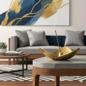 Modern style brass japanese incense holder set against a contemporary living room background.