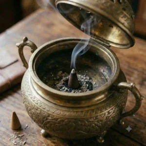 A smoking incense cone resting inside an open antique brass incense burner for aromatherapy.
