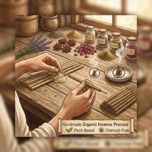 A step-by-step illustration showing the artisanal process of hand-rolling organic incense cones and sticks using plant-based binders.