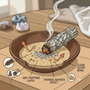 A detailed diagram illustrating the inner layers of a ceramic incense bowl, showing how a sand bed traps ash and creates a thermal barrier.