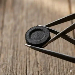 Metal tongs safely gripping a self-lighting charcoal disc, a key technique in how to burn frankincense resin.
