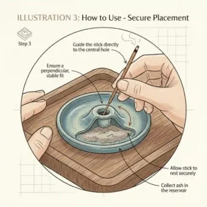 Illustration explaining how to safely place an incense stick into the brass holder of an incense tray.
