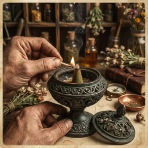 A person hand-lighting an incense cone inside a dark metal vintage incense burner.
