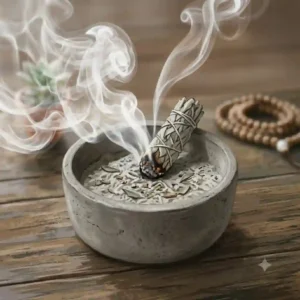 Concrete incense burner bowl being used to hold a burning white sage smudge stick for room cleansing.