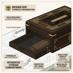 Close-up graphic of an incense box built-in bottom compartment storing multiple extra incense sticks.