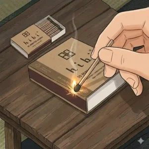 A close-up action shot of a hand striking a hibi incense match against the box to light it.