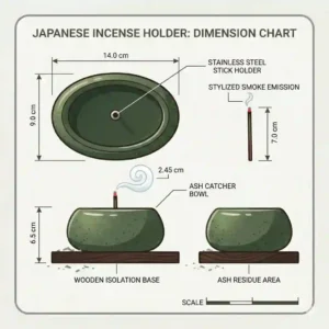 An illustrative size guide and dimension chart for a standard oval japanese incense holder.