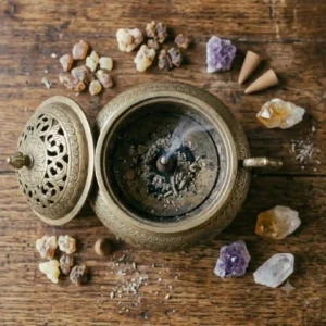 Top-down flat lay view of a round antique brass incense burner surrounded by raw resins and crystals.