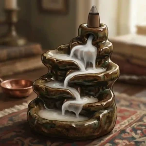 A waterfall-style backflow vintage incense burner with smoke cascading down ceramic steps.