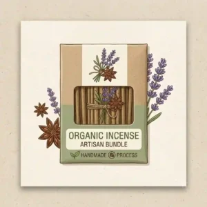 A minimalist illustration of eco-friendly, biodegradable packaging designed for a sustainable organic incense brand.