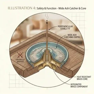 Graphic highlighting the safety features of a heat-resistant brass incense tray with a wide ash catcher.