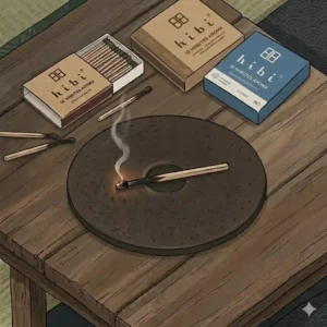 A lit hibi incense stick smoldering and releasing thin wisps of aromatic smoke while resting safely on its custom burning mat.