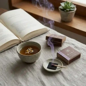 A serene lifestyle illustration featuring a burning Hibi incense match next to a ceramic teacup and an open book during a morning meditation session.