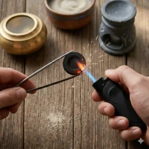 A close-up illustration of a lighter flame igniting the edge of a charcoal disc, a critical step in how to burn frankincense resin.