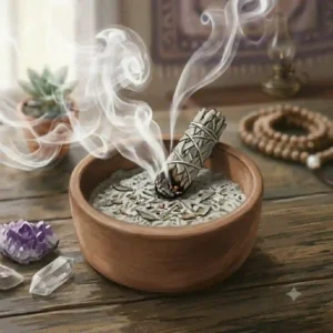 Earthenware incense burner bowl sitting on a peaceful meditation altar beside healing crystals.