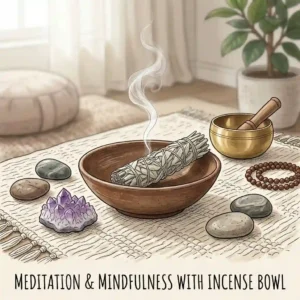 A serene meditation altar with a handcrafted incense bowl emitting gentle smoke, surrounded by crystals and mindfulness tools.