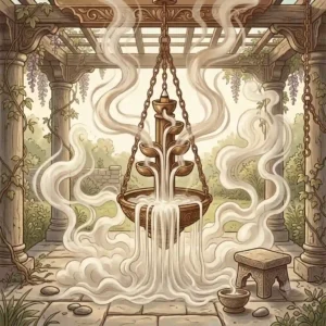 A durable hanging incense burner swaying gently on a covered outdoor garden patio.