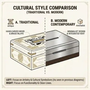 Line art comparison between a traditional hand-carved incense box and a sleek contemporary model.