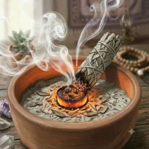 Close-up shot of a glowing charcoal tablet inside a heat-resistant incense burner bowl with loose resin bubbling on top.