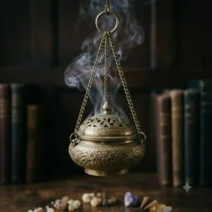 A traditional hanging antique brass incense burner with delicate chains against a dark, moody background.