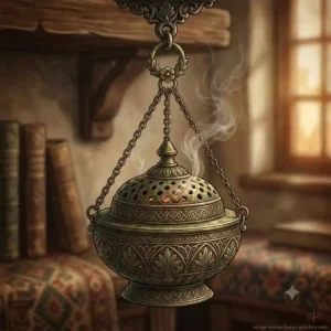An ornate hanging vintage incense burner with delicate chains attached to a carved metal holder.
