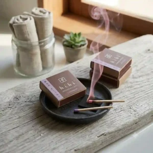 Minimalist illustration of a Hibi incense matches box placed on a wooden bathtub tray next to rolled towels for a relaxing aromatherapy bath.