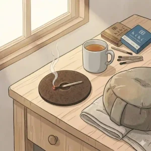 A burning hibi incense stick on a bedside table next to a ceramic mug, creating a peaceful morning aromatherapy atmosphere.