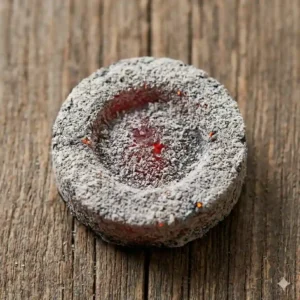 A charcoal disc glowing red and covered in a thin layer of grey ash, prepared correctly for how to burn frankincense resin.