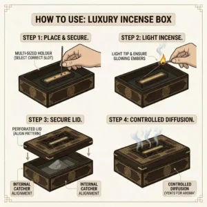 Step-by-step graphic showing how to place a lit stick inside a horizontal incense box holder.